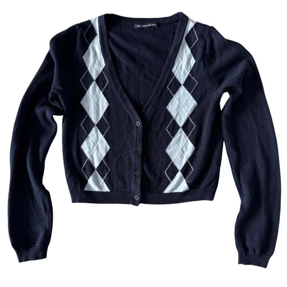 Brandy Melville Women's Argyle Cardigan Sweater Black & White size small